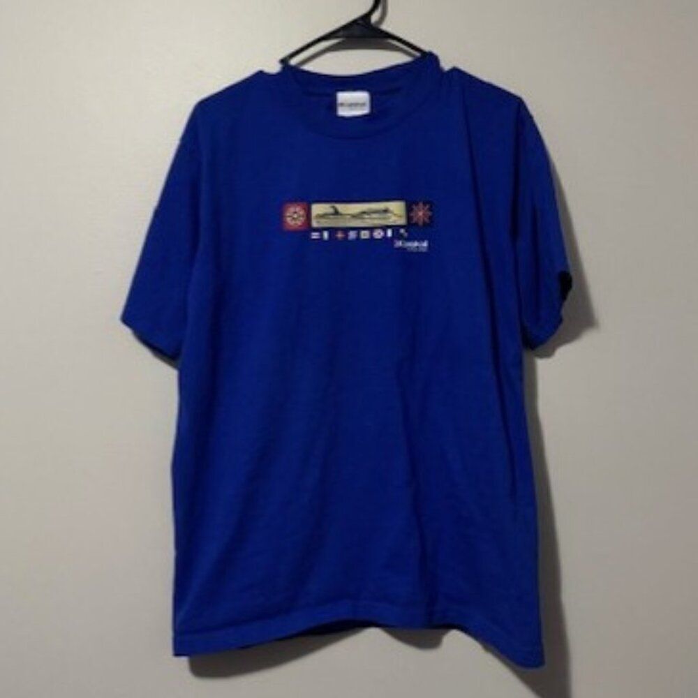 USED Men's Carnival Ship Short Sleeve Shirt The Fun Ships Color Blue Size Large